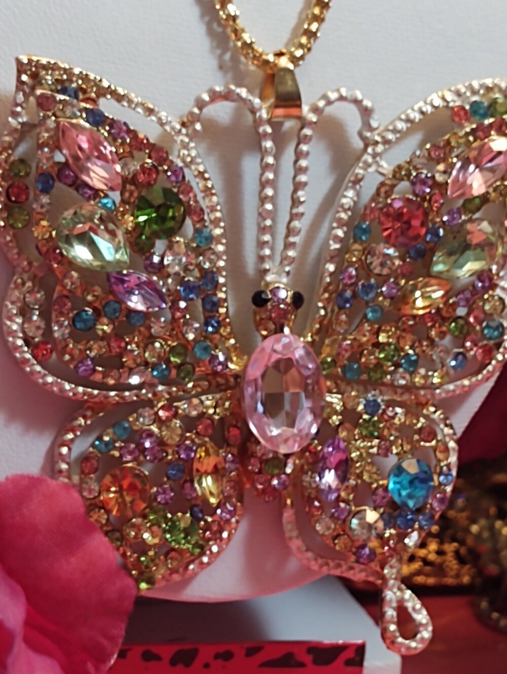 Betsey Johnson Multicolor Crystal Butterfly Pendant Necklace - Gold Chain